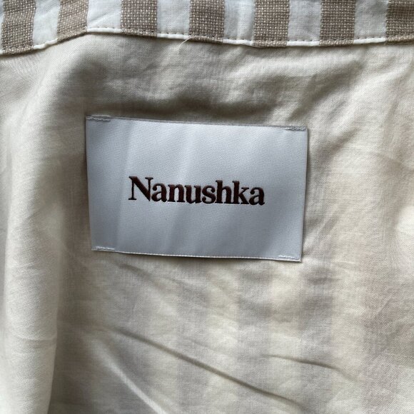 Nanushka Esma Striped Mini Wrap Dress Beige White Cotton Linen - Picture 10 of 12